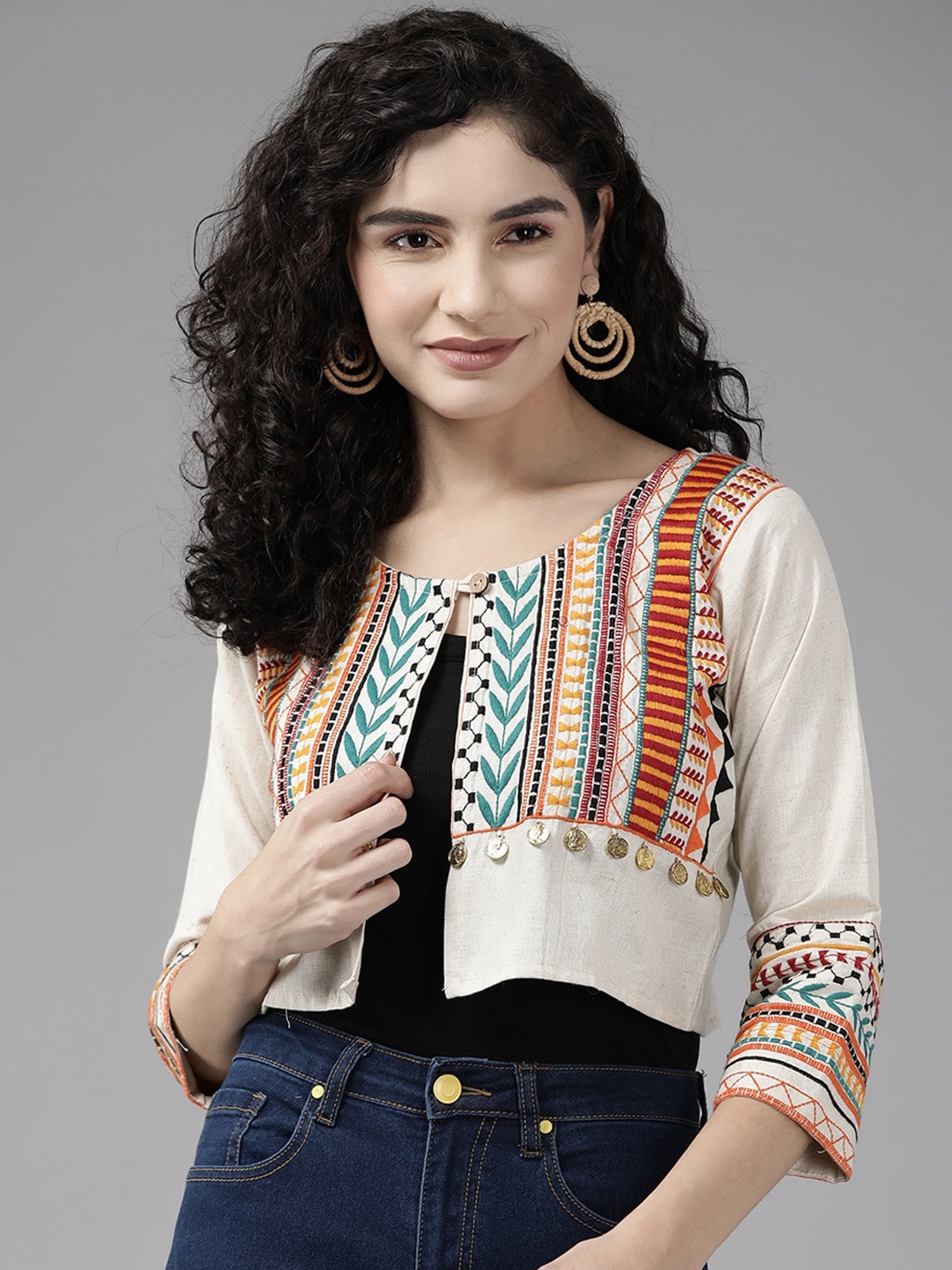 

BAESD Embroidered Open Front Crop Cotton Ethnic Shrug, Cream