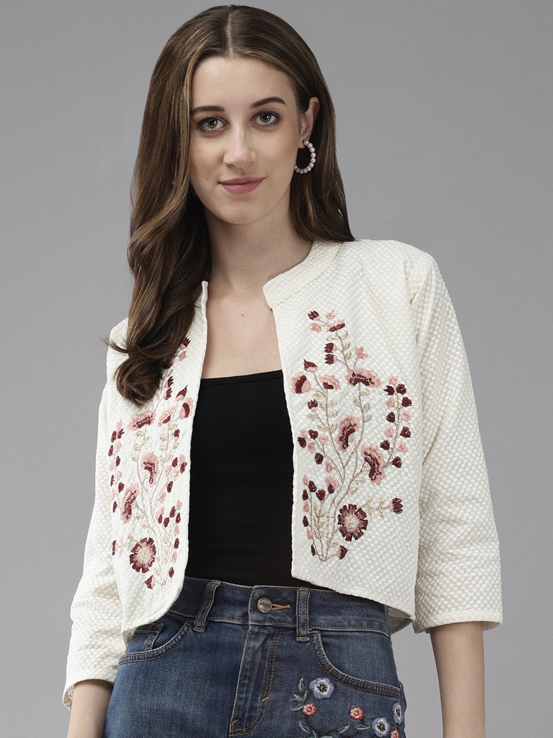 

BAESD Floral Embroidered Open Front Jacket, Peach