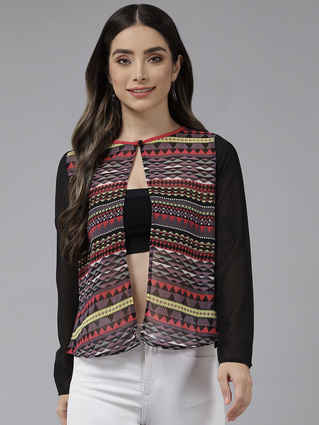 

BAESD Geometric Printed Open Front Shrug, Black