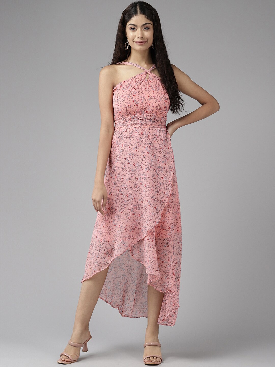 

BAESD Floral Printed Gathered Detailed Tie-Up Neck A-Line Midi Dress, Peach