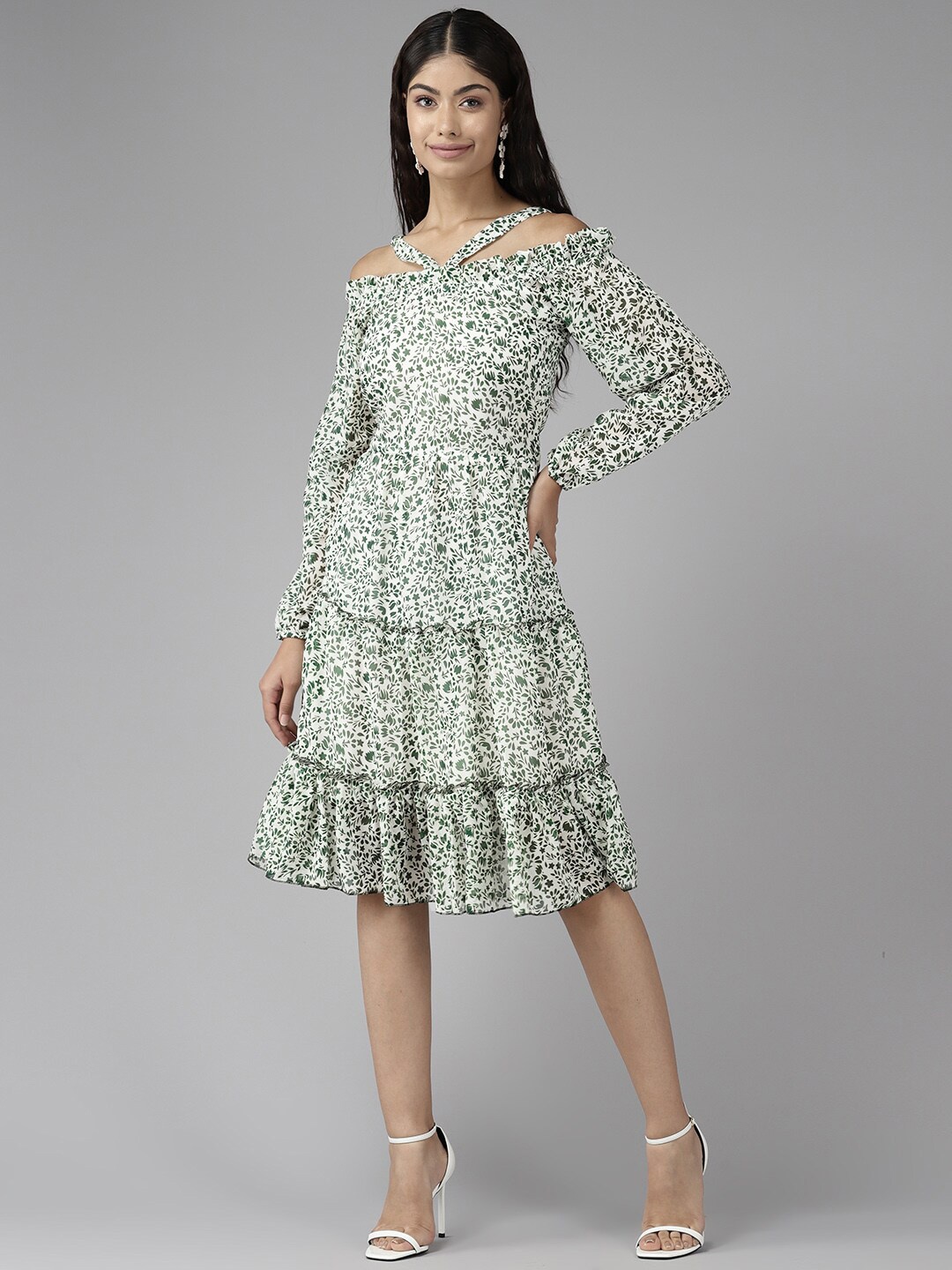 

BAESD Floral Printed Tiered Georgette A-Line Dress, Green