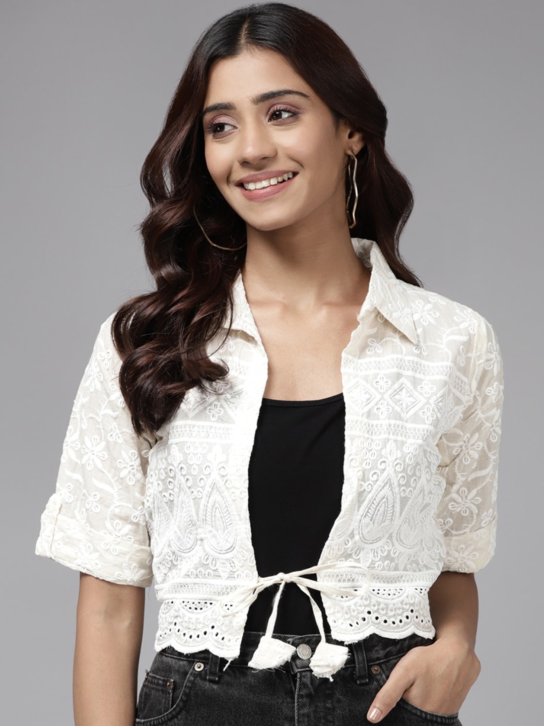 

BAESD Spread Collar Tie Up Cotton Jacket, White
