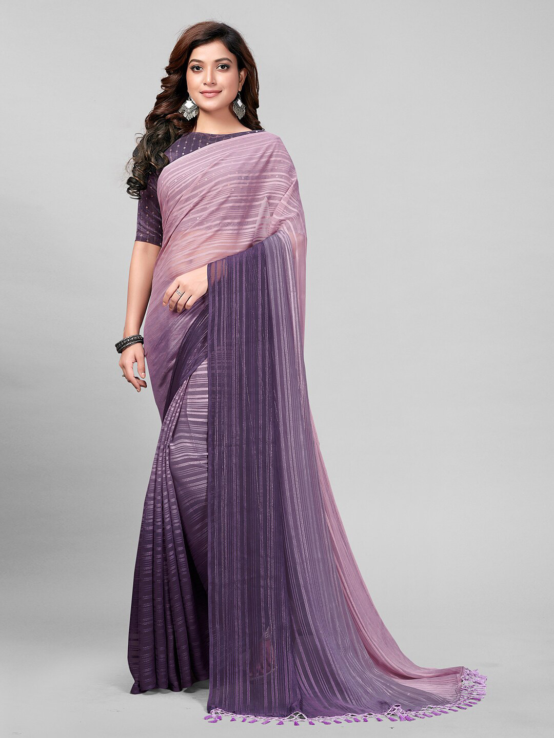 

KALINI Striped Sequinned Silk Blend Saree, Purple