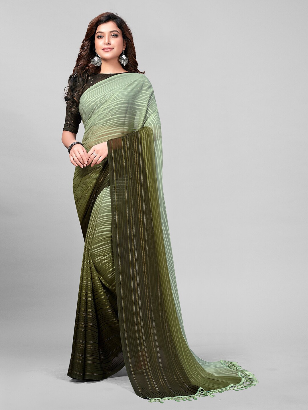 

KALINI Striped Sequinned Silk Blend Saree, Olive