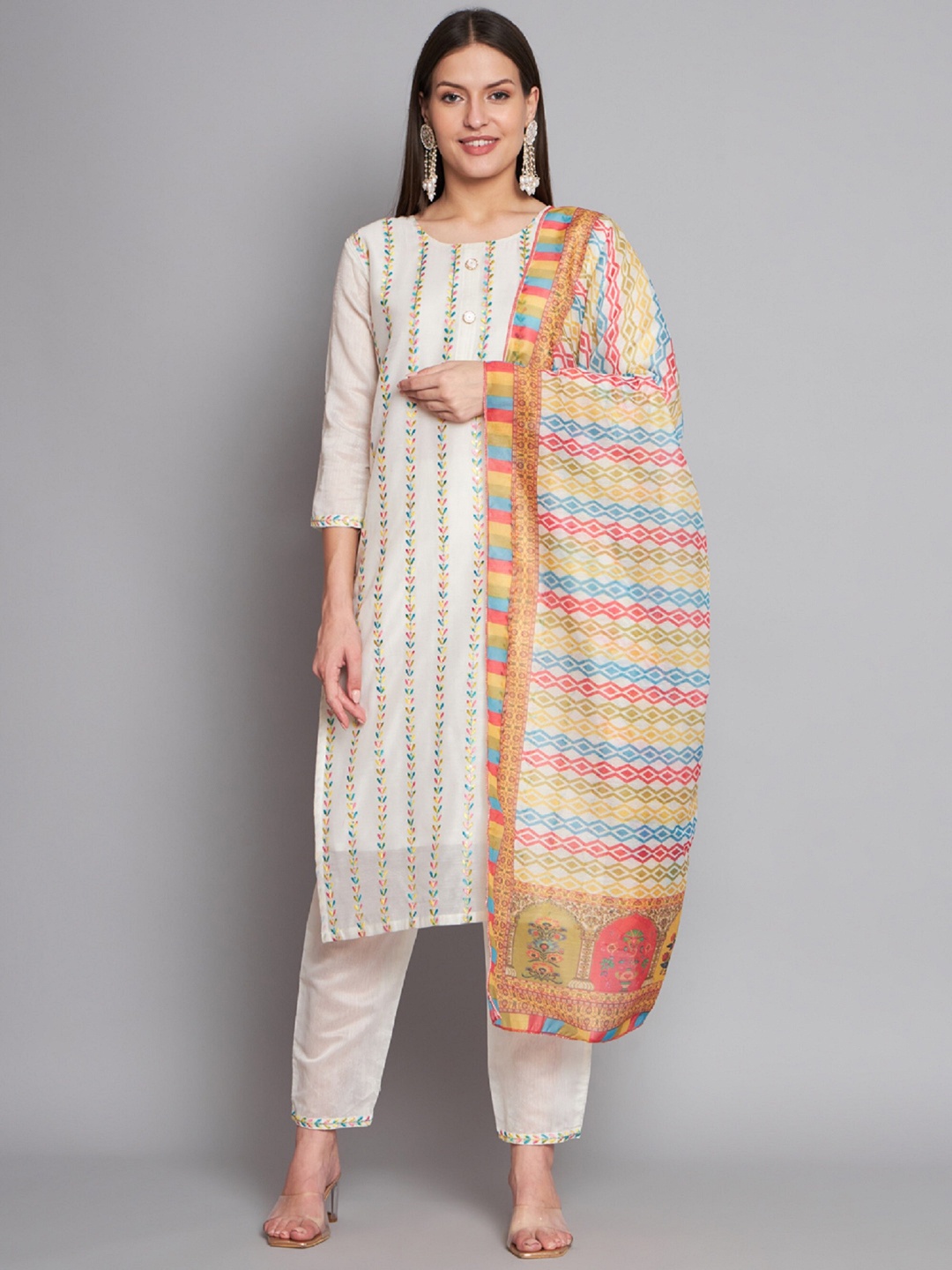 

KALINI Ethnic Motifs Embroidered Kurta With Trousers & With Dupatta, White
