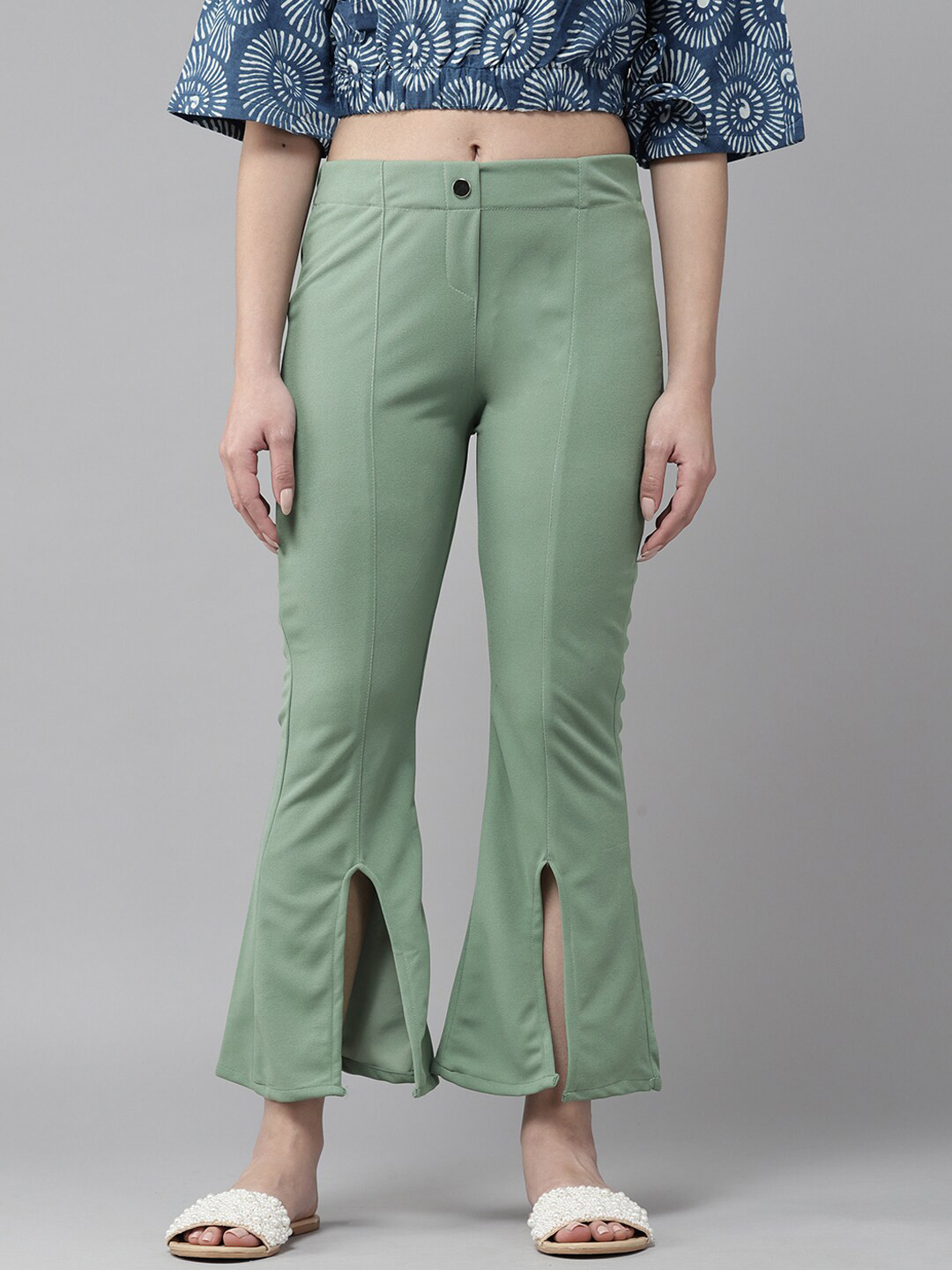 

BAESD Women Flared Front Slit Cotton Bell Bottom Trousers, Green