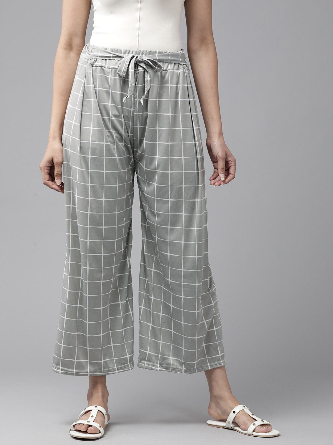 

BAESD Women Checked Cotton Wide Leg Palazzos, Grey