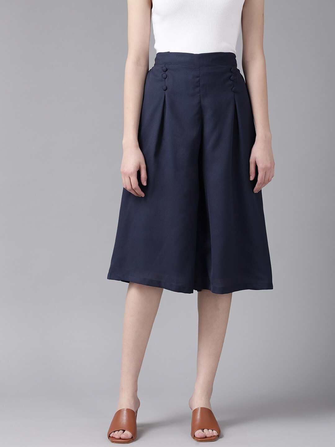 

BAESD Women Flared Cropped Palazzos, Navy blue
