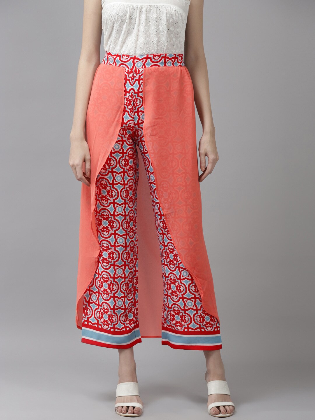 

BAESD Women Ethnic Motifs Printed Flared Palazzos, Coral