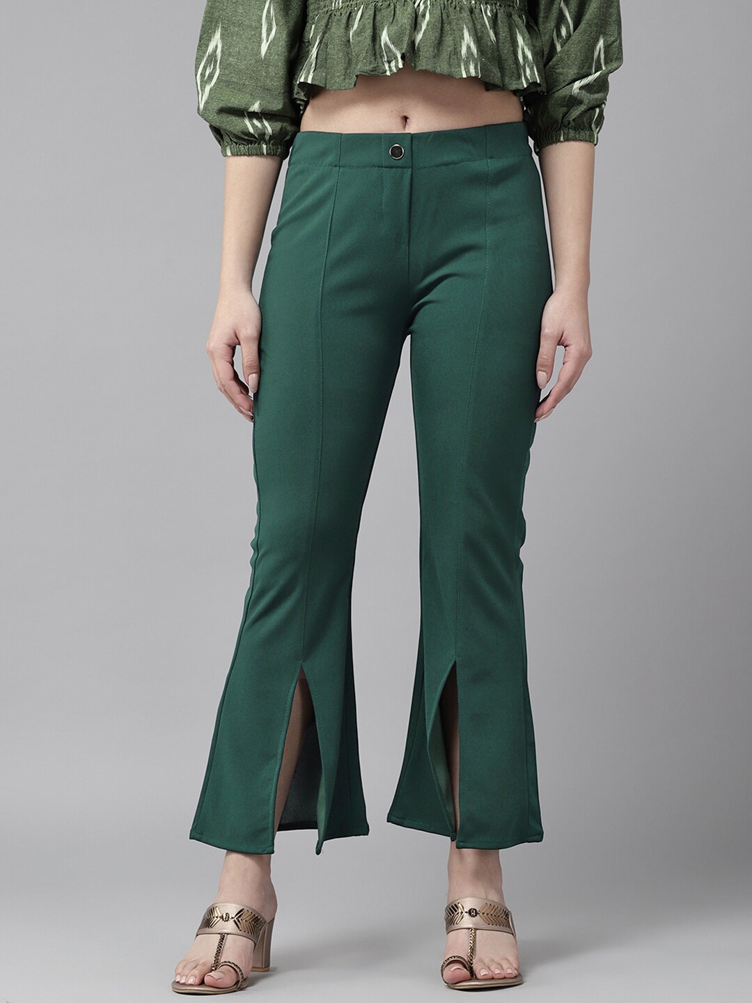 

BAESD Women Paisley Embroidered Flared Cropped Palazzos, Green