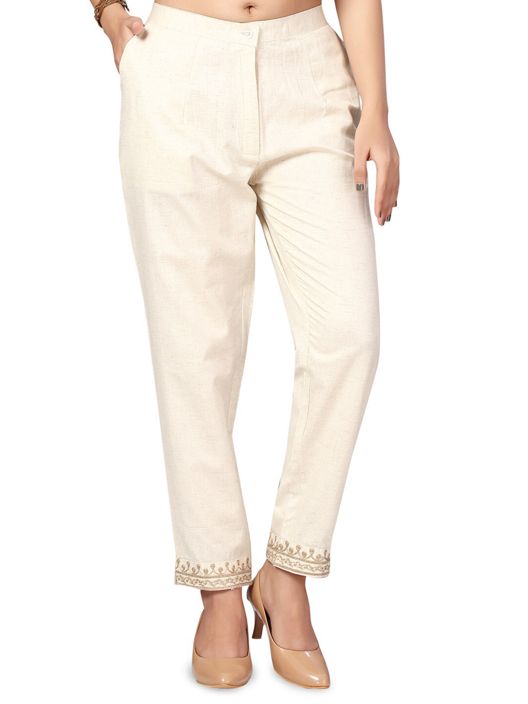 

BAESD Women Ethnic Motifs Embroidered Cotton Trouser, White