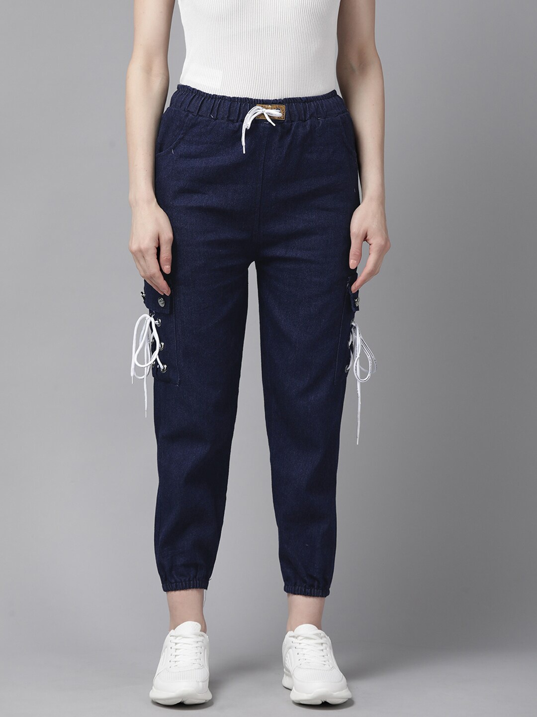 BAESD Women Mid Rise Denim Jogger, Navy blue