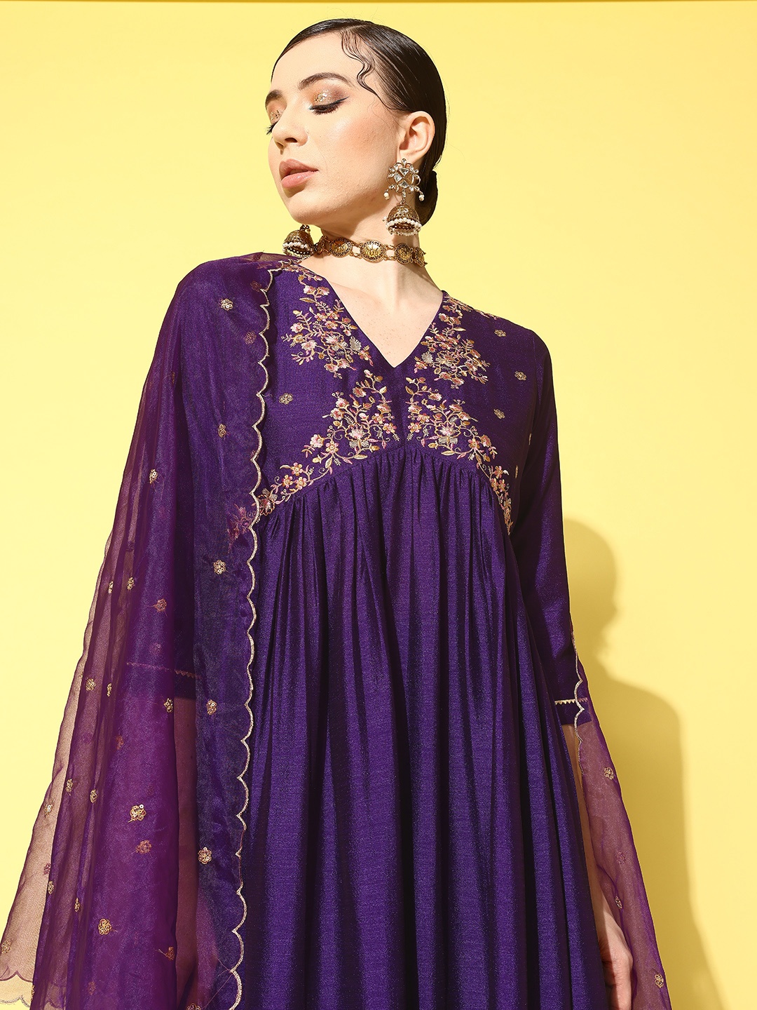 

SheWill Women Floral Embroidered Regular Sequinned Kurta with Palazzos & With Dupatta, Purple