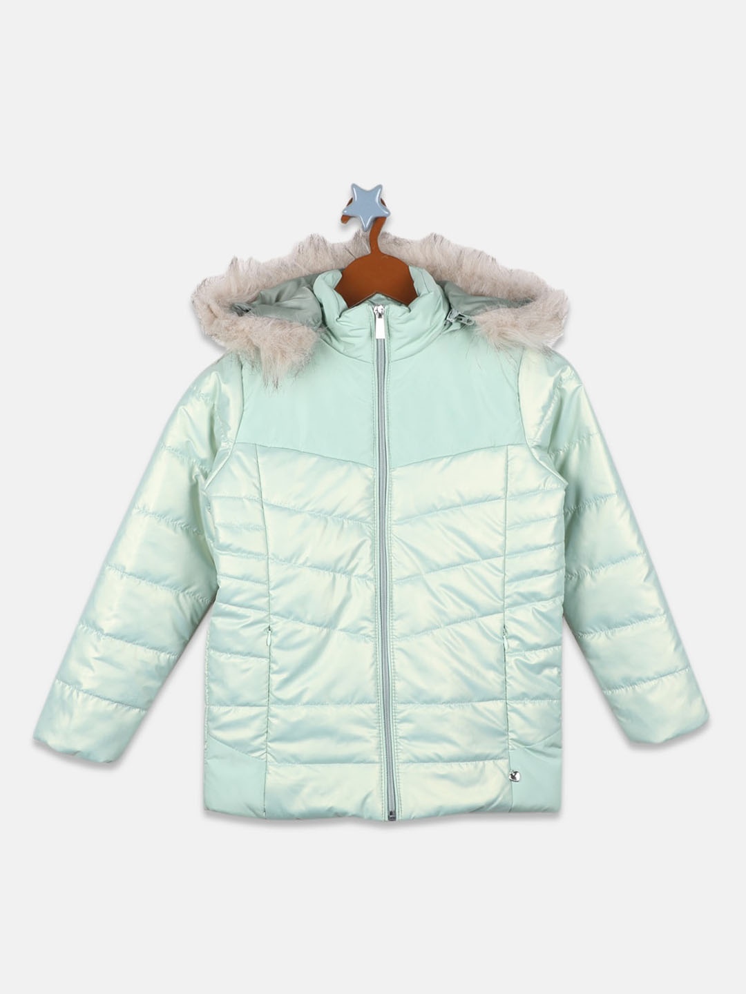

Monte Carlo Girls Hooded Puffer Jacket With Faux Fur Trim, Green