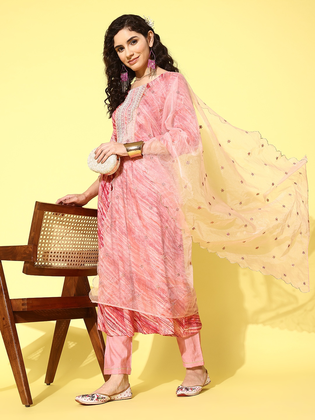 

SheWill Women Leheriya Sequinned Kurta with Trousers & Dupatta, Peach