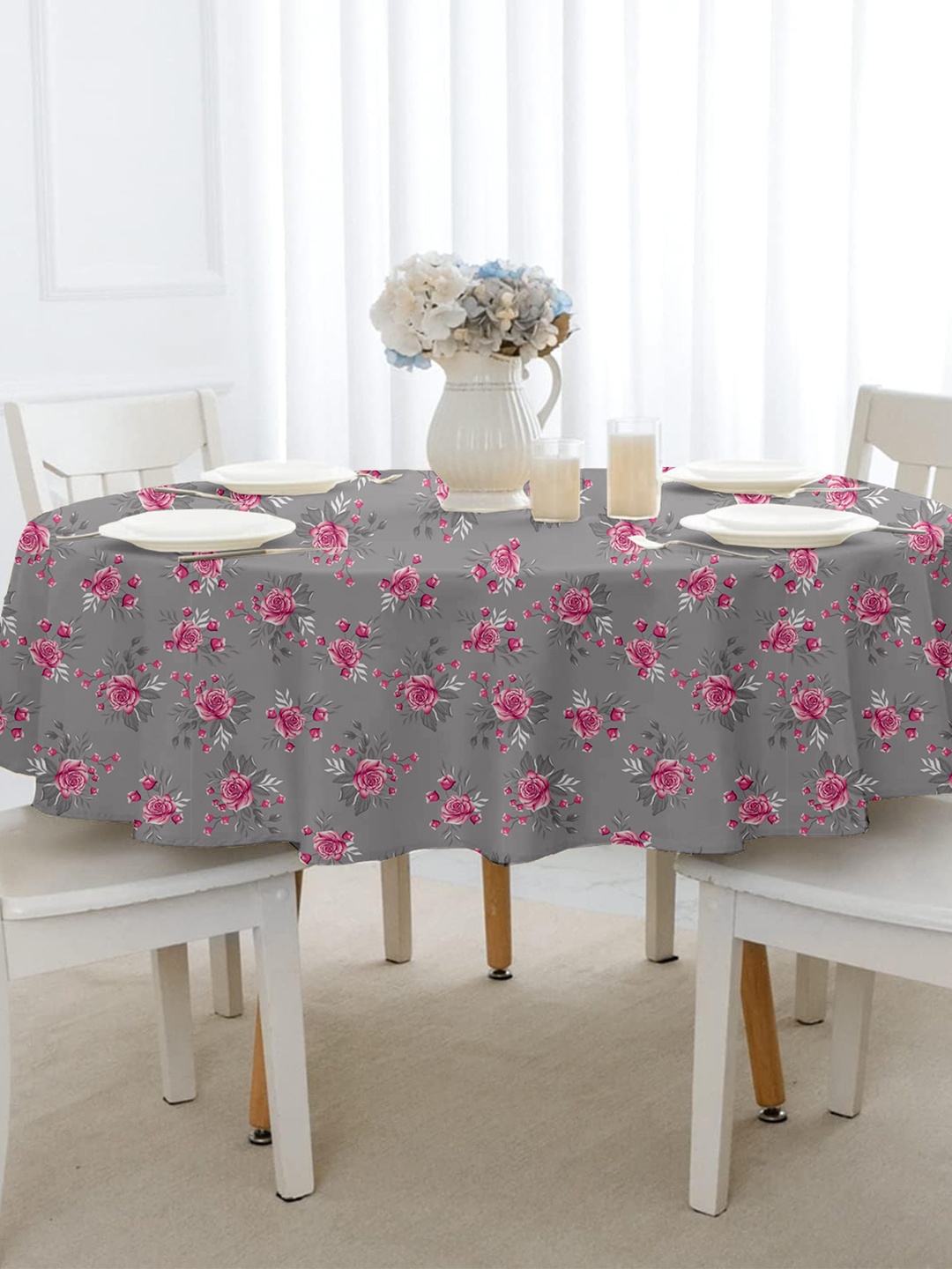 Lushomes Grey & Pink Floral Printed 4-Seater Round Table Cover