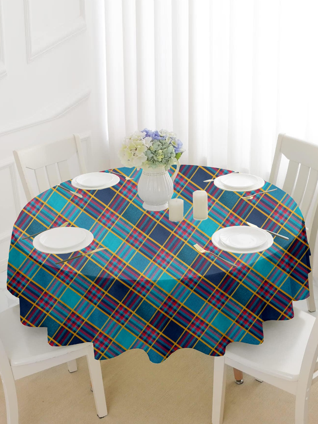 

Lushomes Green & Blue Pure Cotton Checked Round Table Cover