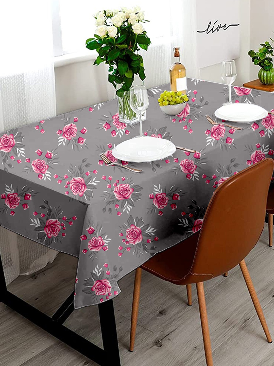 

Lushomes Grey & Pink Floral Printed 6-Seter Table Cover