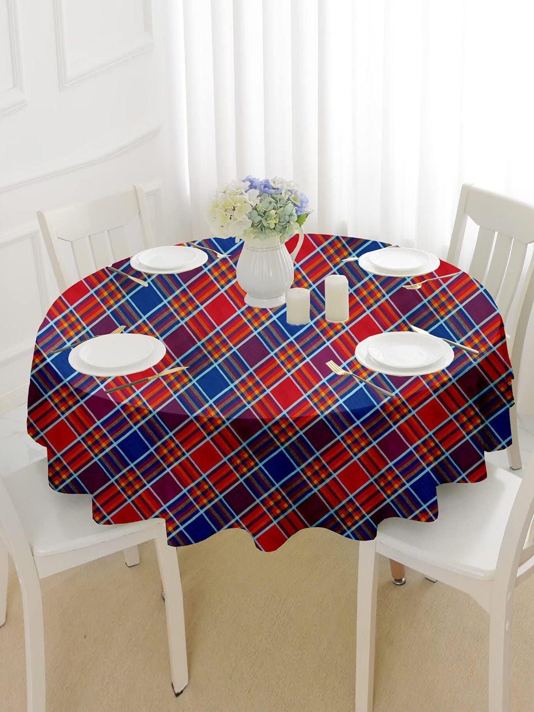 

Lushomes Red & Blue Checked Pure Cotton 6-Seater Round Table Cover
