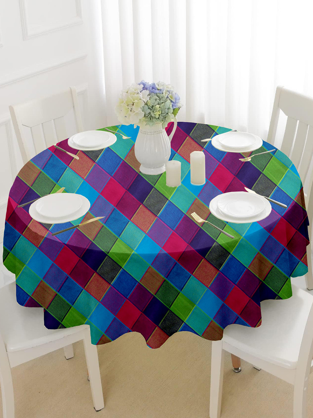 

Lushomes Blue & Pink Pure Cotton Checked Round 2 Seater Table Cover