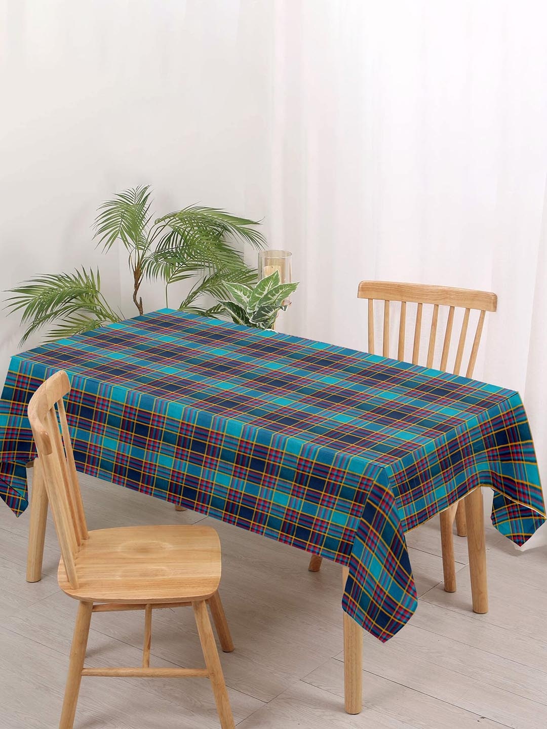 Lushomes Blue & Red Checked Pure Cotton Rectangular 6-Seater Table Cover