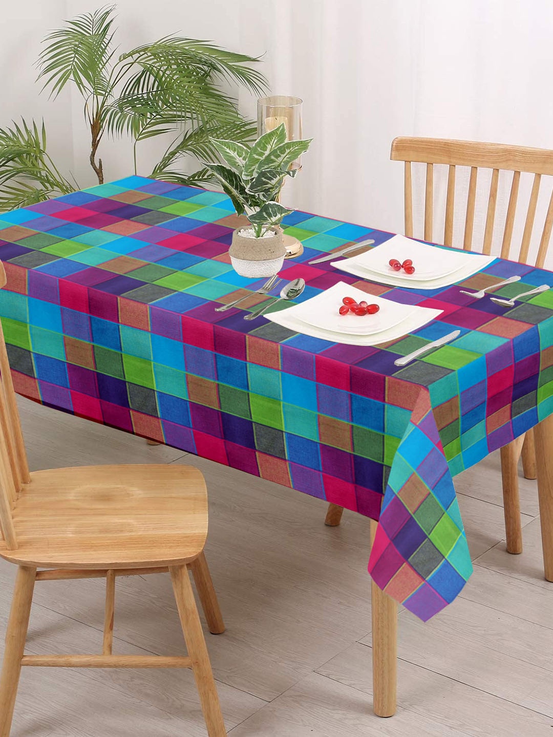 

Lushomes Blue & Pink Checked Pure Cotton 4-Seater Table Cover