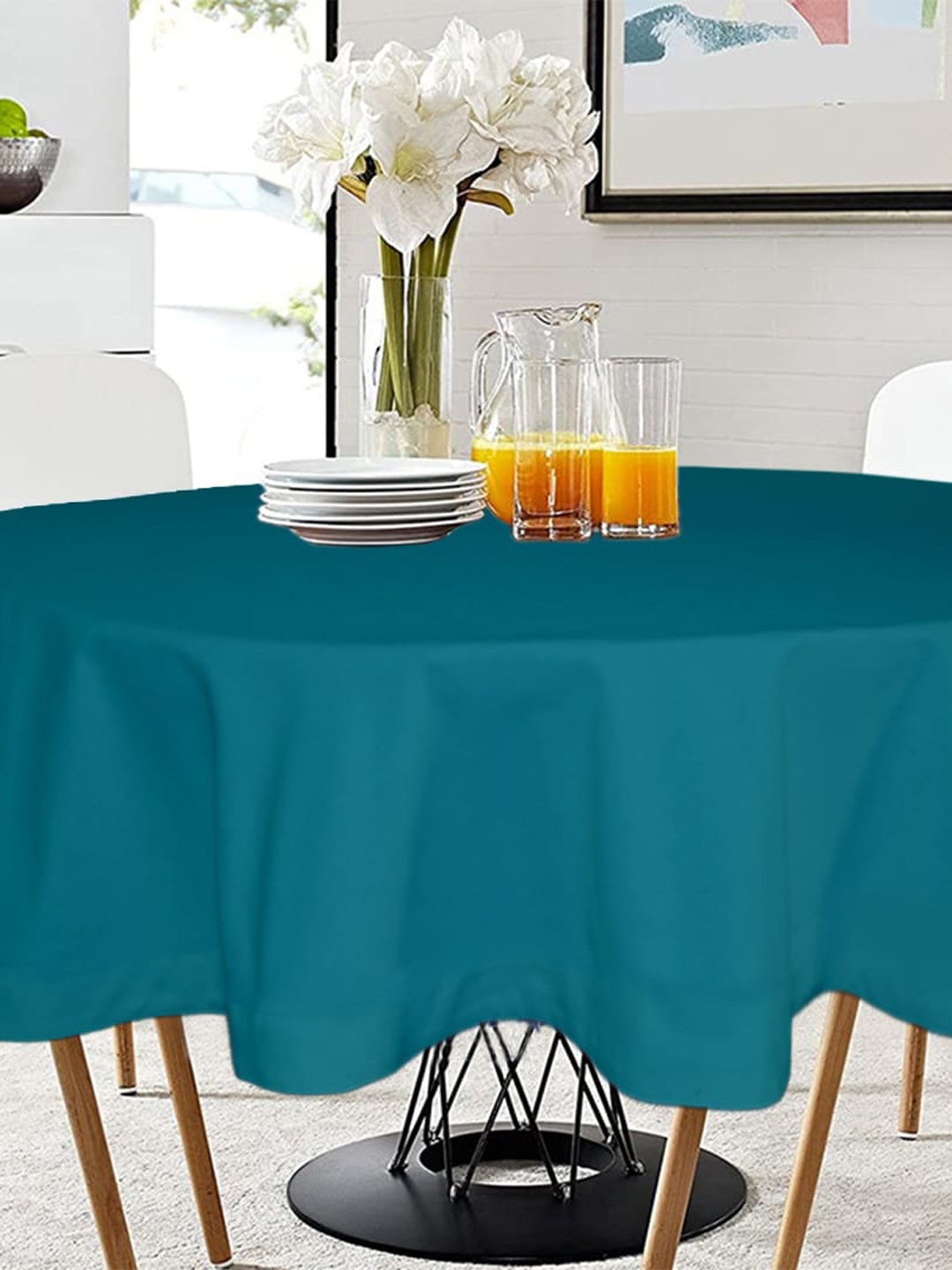 

Lushomes Teal Blue Solid Round Table Cover