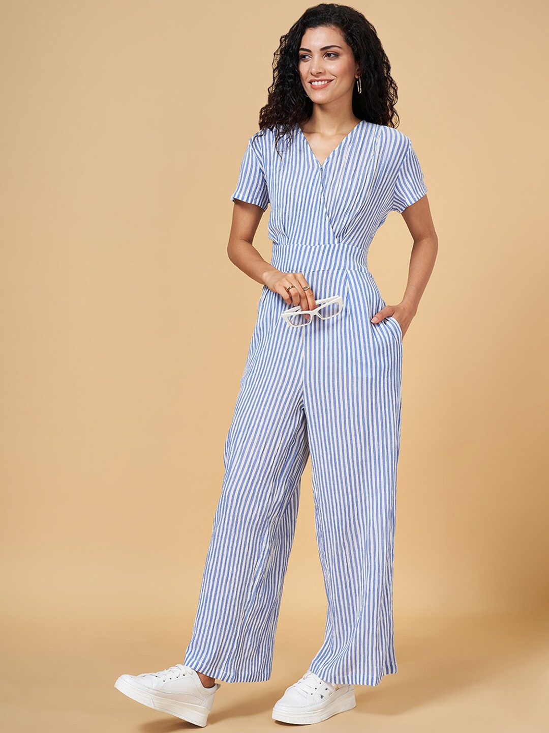 

YU by Pantaloons Striped V-Neck Wrap Pure Cotton Basic Jumpsuit, Blue