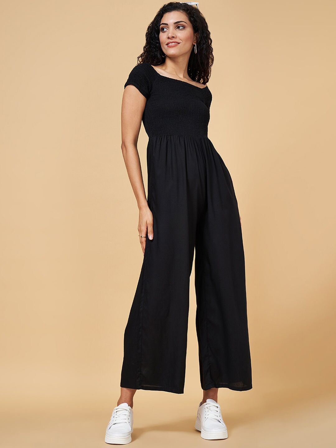 

YU by Pantaloons Off-Shoulder Smocked Basic Jumpsuit, Black