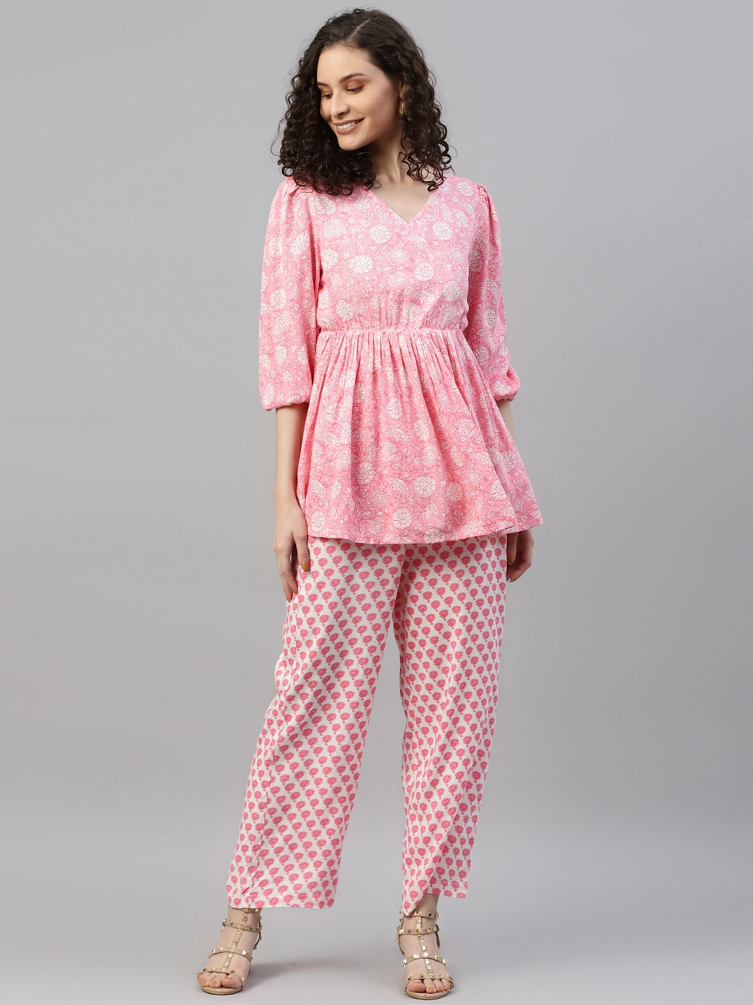 

DEEBACO Floral Printed Pure Cotton Tunic & Trouser, Pink