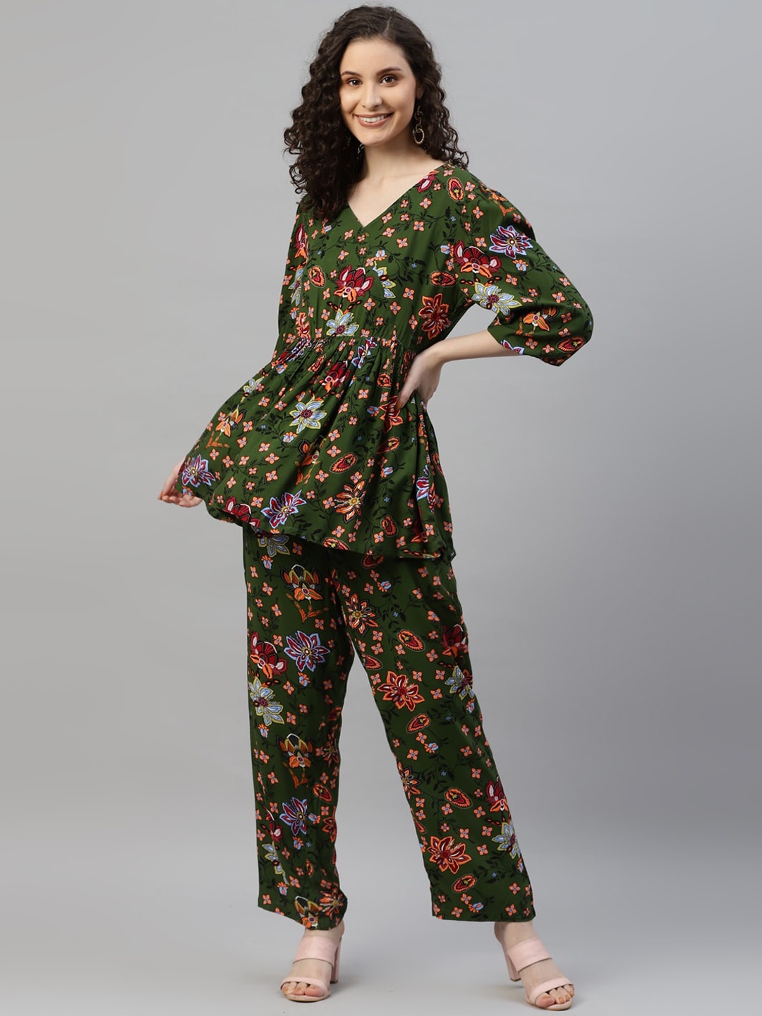 

DEEBACO Floral Printed Tunic & Trouser, Green