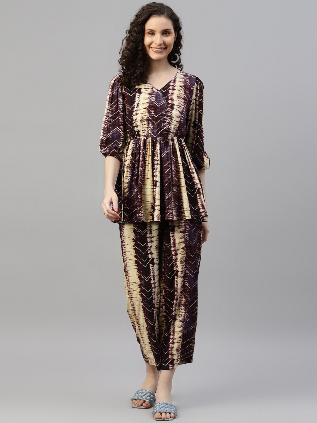 

DEEBACO Abstract Printed Peplum Top & Palazzo, Purple