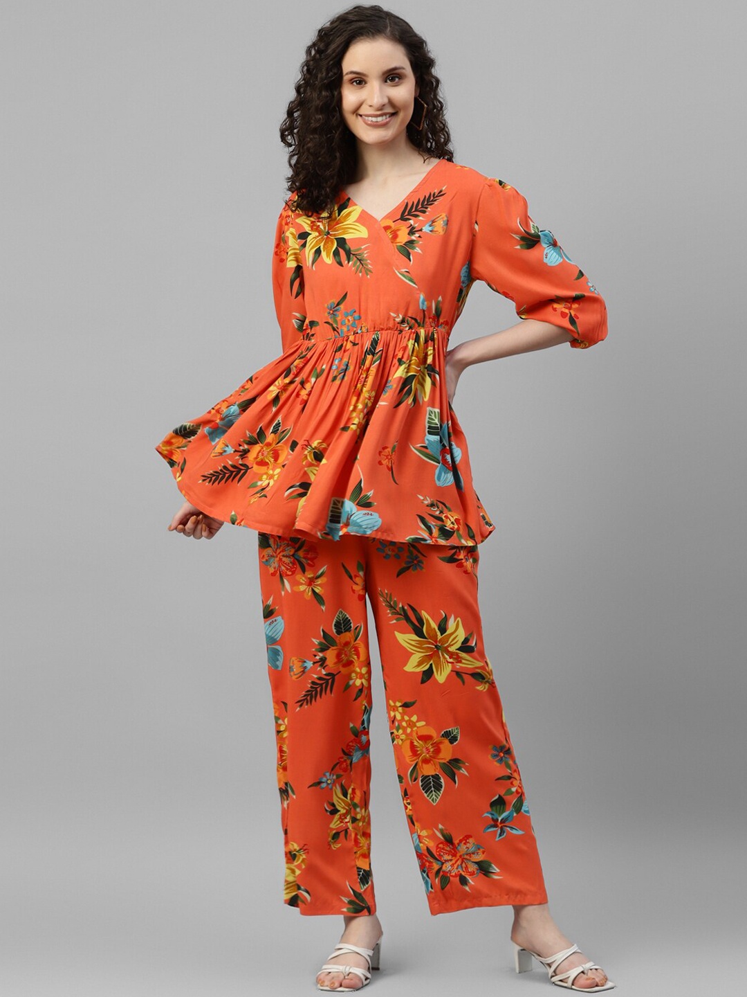 

DEEBACO Floral Printed Tunic & Trouser Co-Ords, Orange