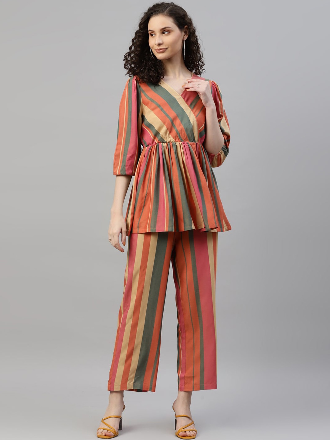 

DEEBACO Striped Peplum Top With Trousers Co-Ord Set, Peach