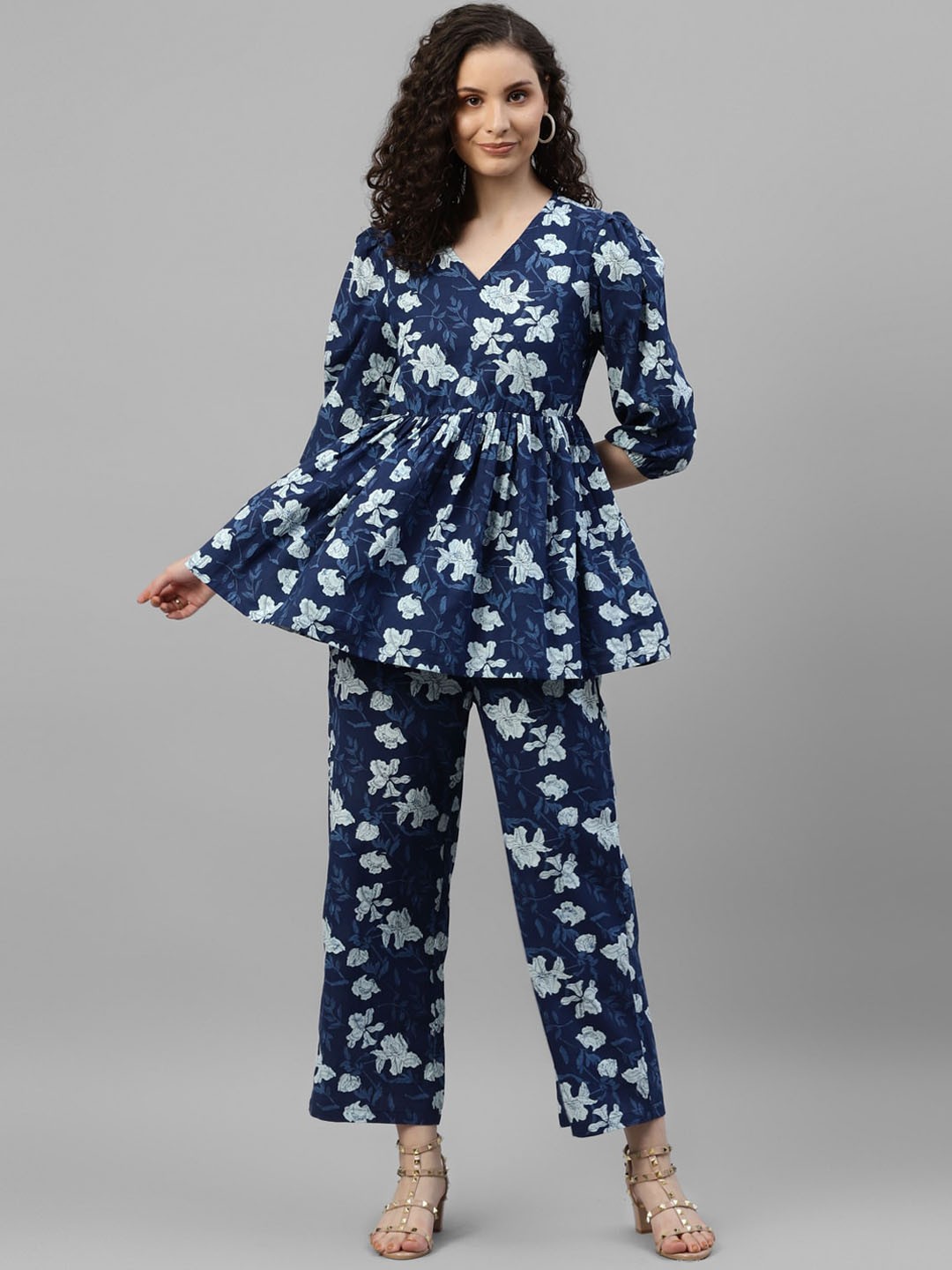 

DEEBACO Floral Printed Top & Trousers Co-Ord Set, Navy blue