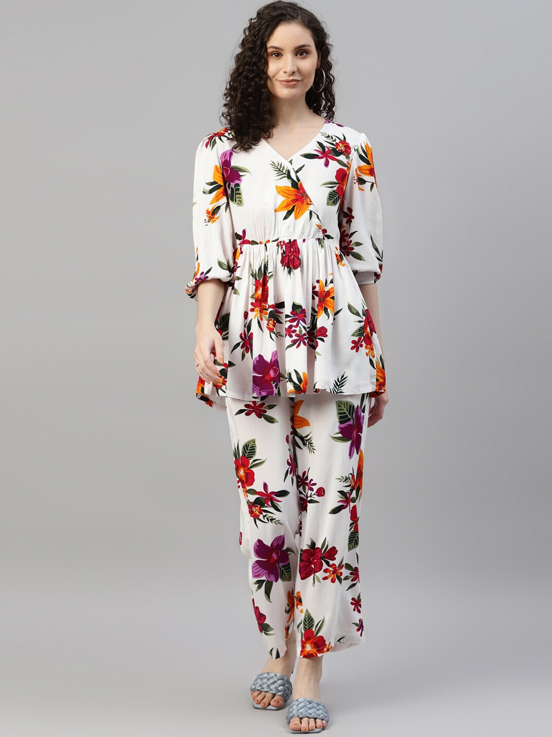 

DEEBACO Floral Printed Peplum Tunic With Trousers, White