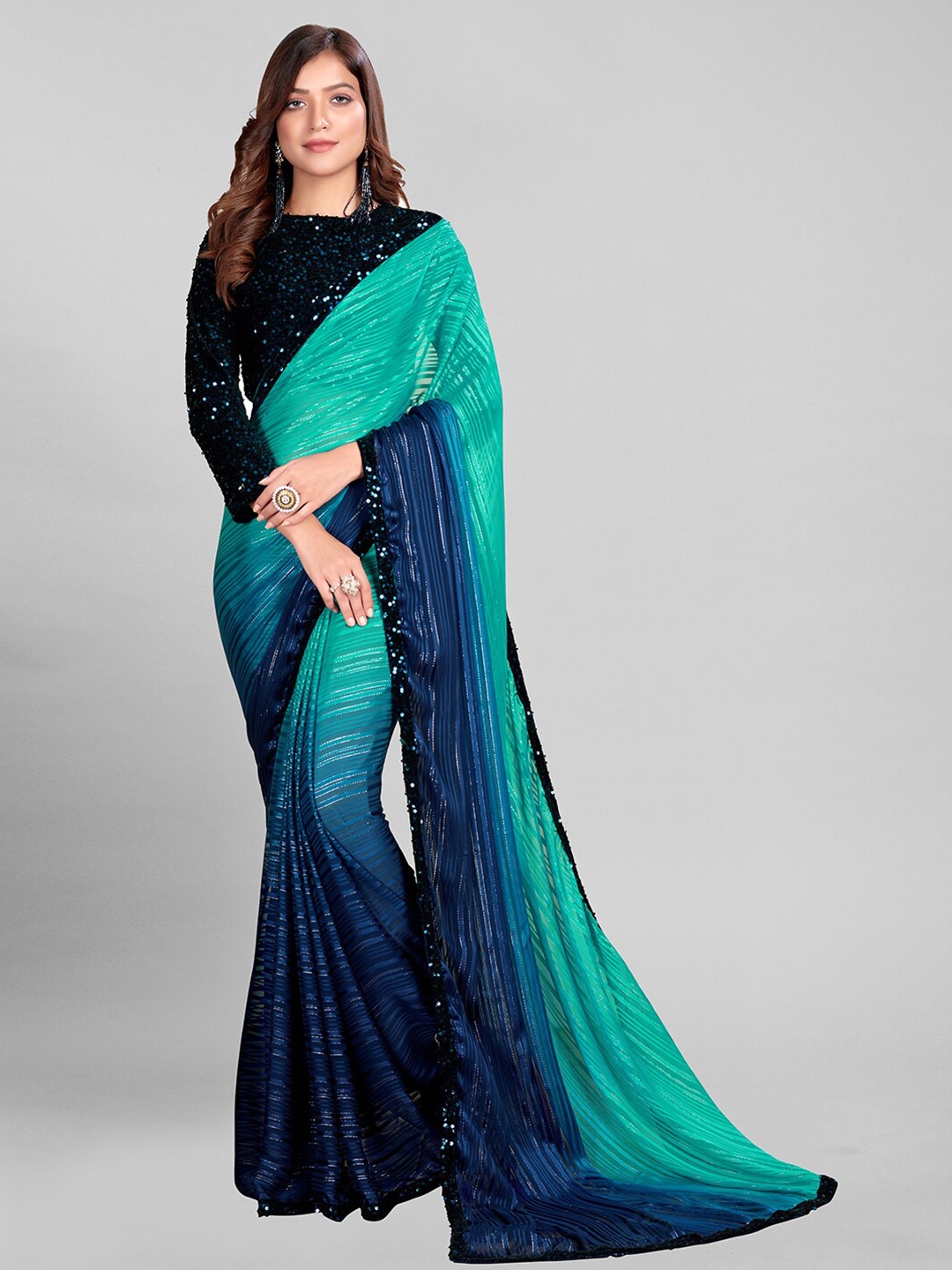 

KALINI Striped Sequined Silk Saree, Blue