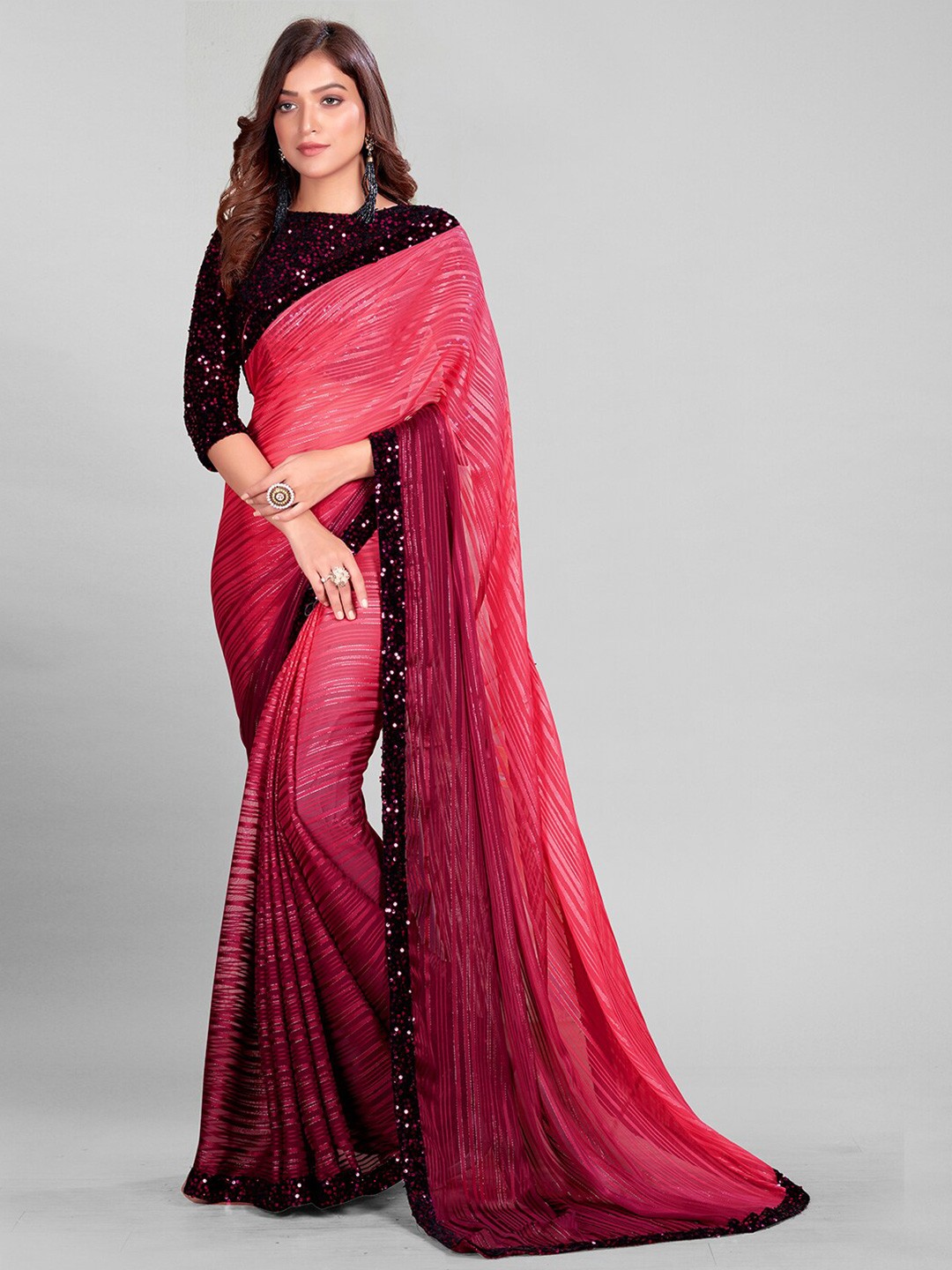 

KALINI Striped Sequinned Saree, Red