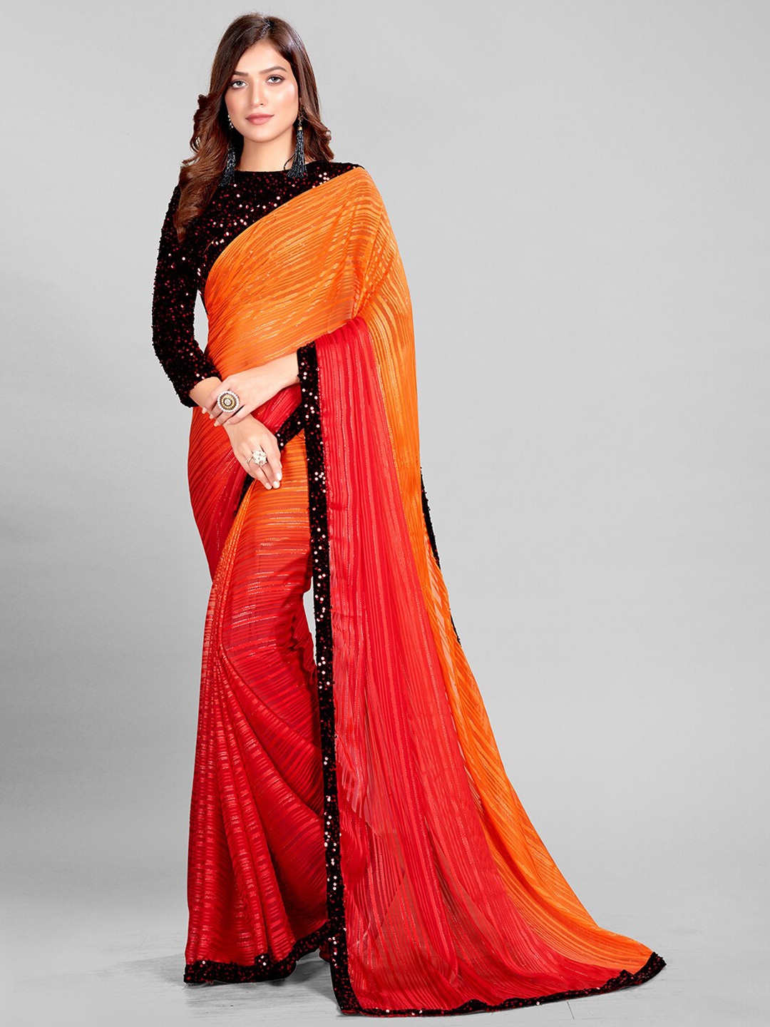 

KALINI Striped Sequinned Saree, Orange