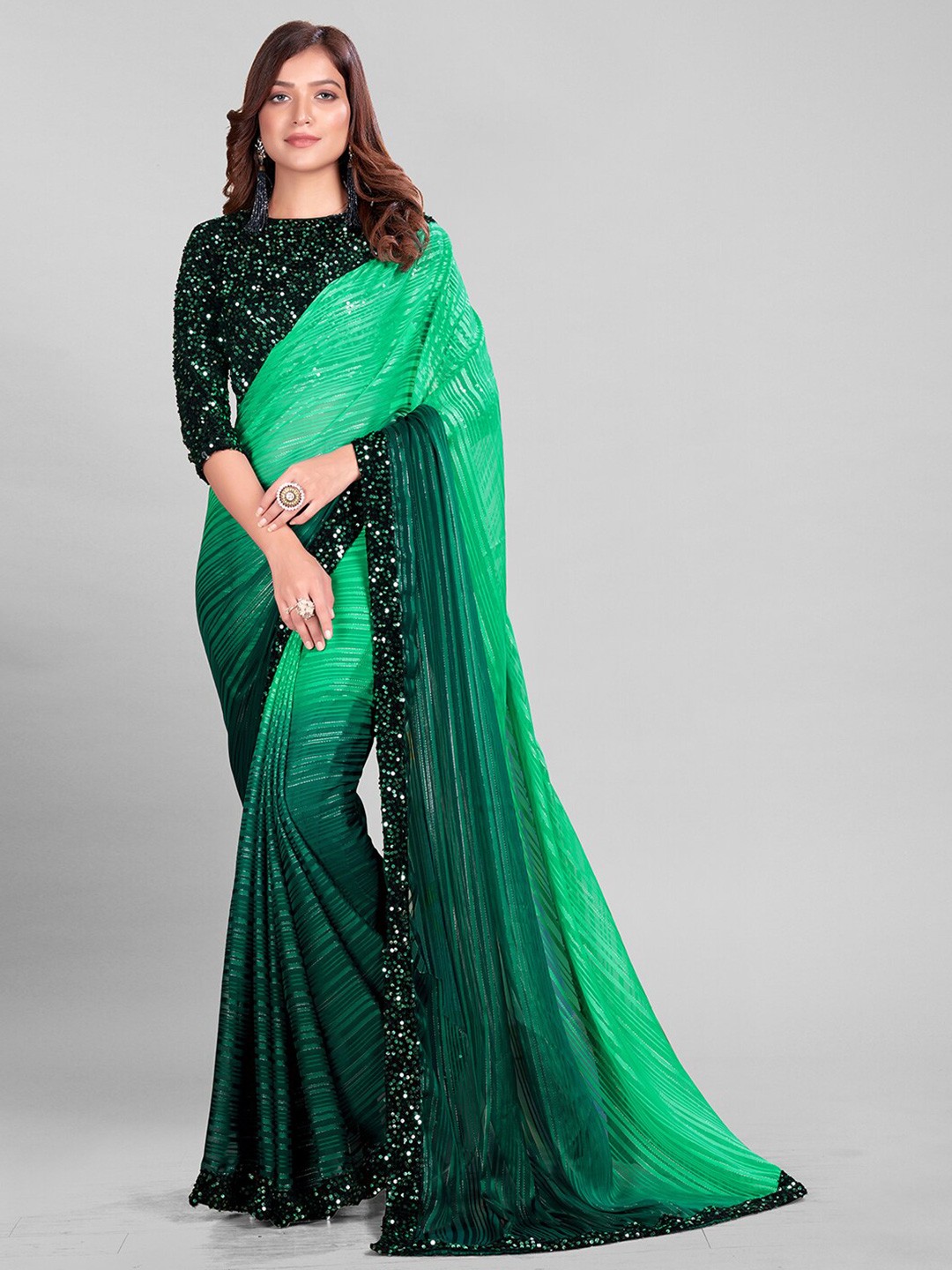 

KALINI Striped Sequinned Embellished Silk Blend Saree, Green
