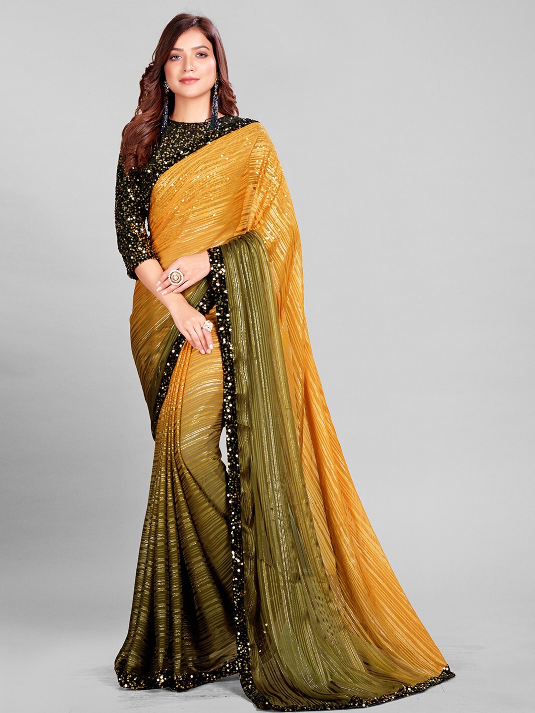 

KALINI Striped Sequinned Silk Blend Saree, Yellow