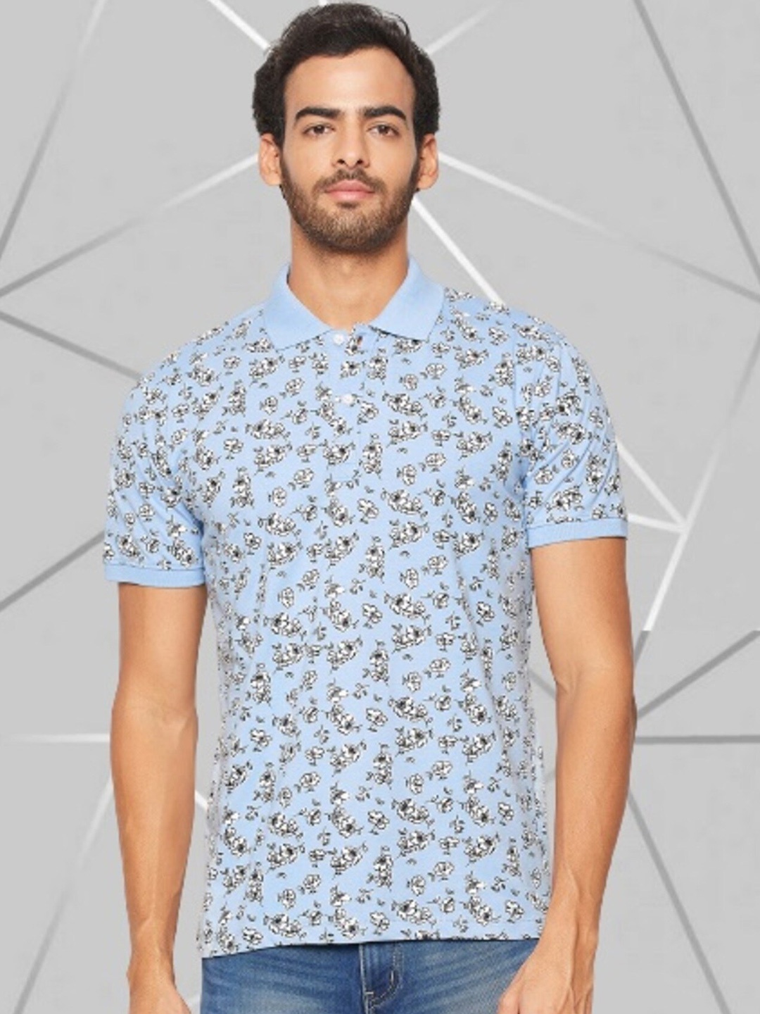 

WILD WEST Floral Printed Polo Collar Regular Fit Cotton Casual T-Shirt, Blue