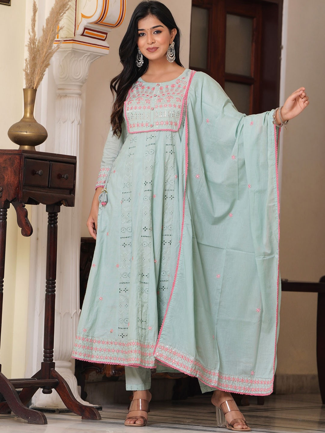 

PREKSHA Floral Embroidered Pure Cotton Kurta & Trousers With Dupatta, Blue