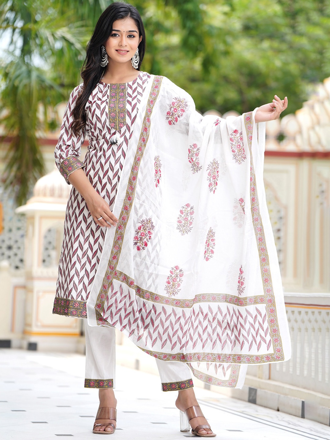 

PREKSHA Floral Printed Pure Cotton Kurta & Trousers With Dupatta, White