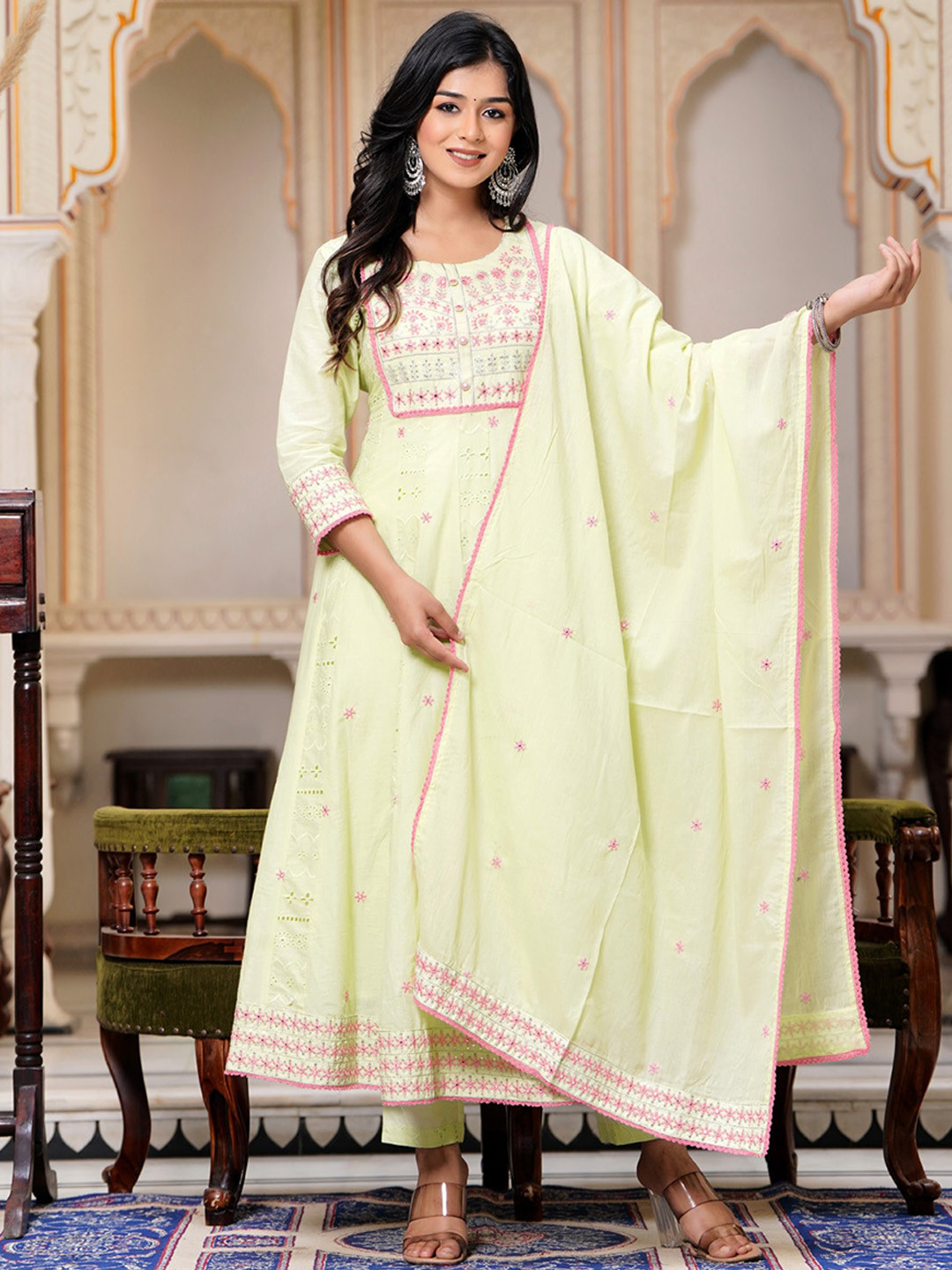 

PREKSHA Ethnic Motifs Embroidered Sequinned Pure Cotton Kurta With Trousers & Dupatta, Lime green