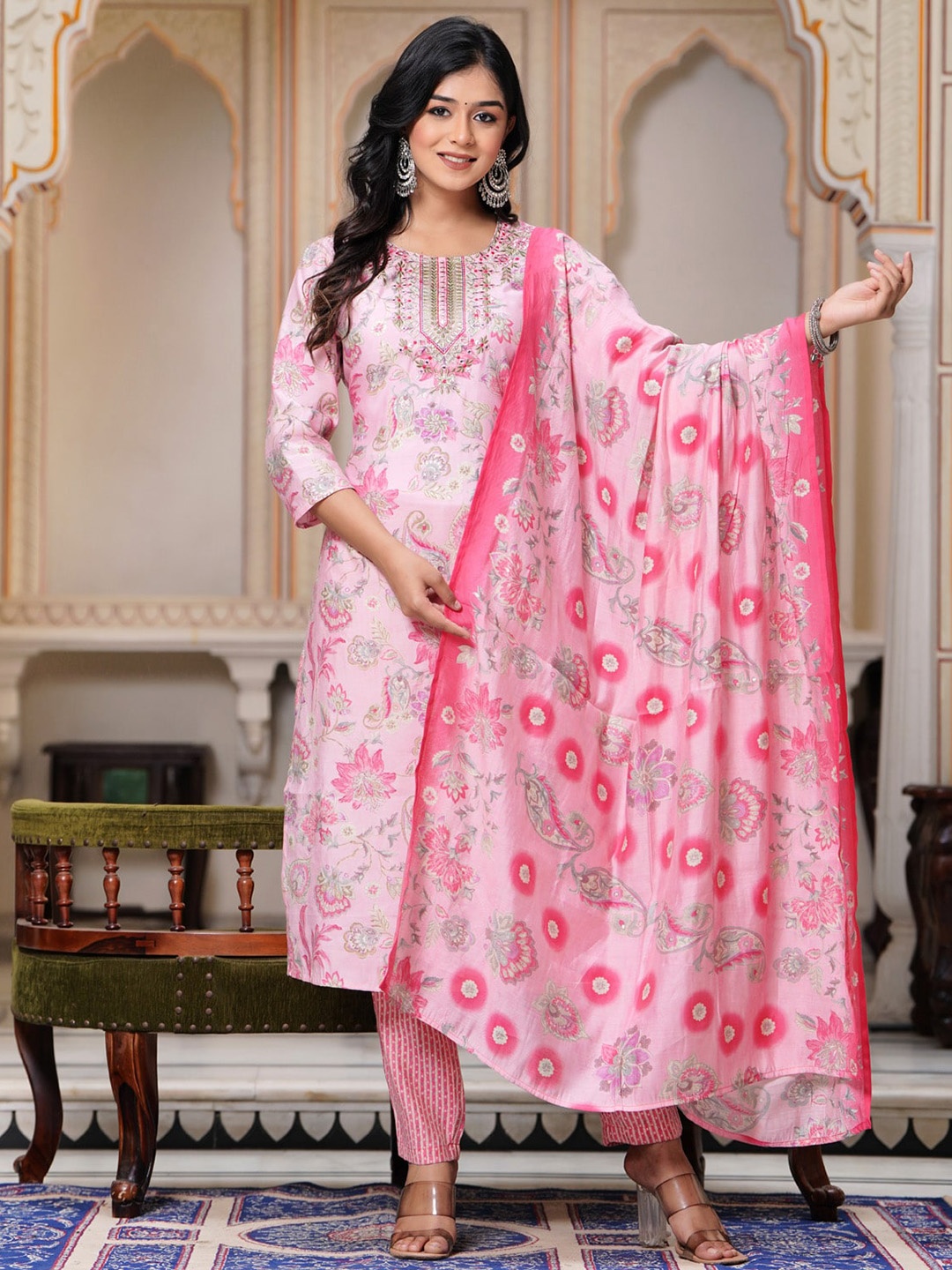 

PREKSHA Floral Printed Pure Cotton Kurta & Trousers With Dupatta, Pink