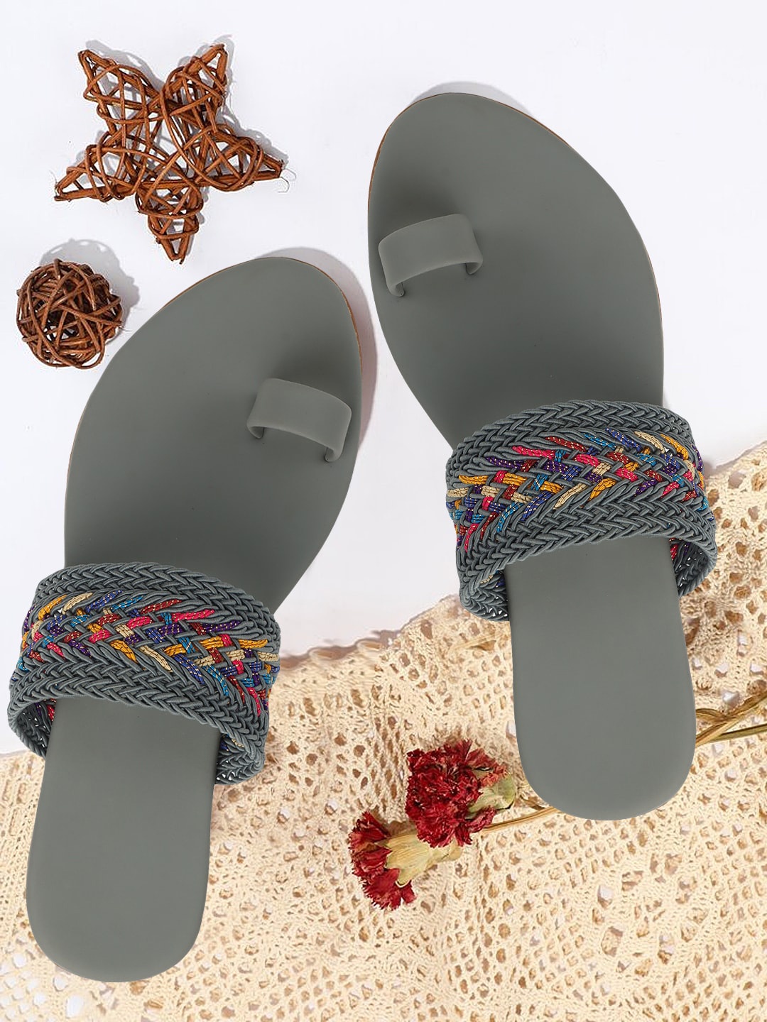 

PERY PAO Textured Fabric One Toe Flats, Grey