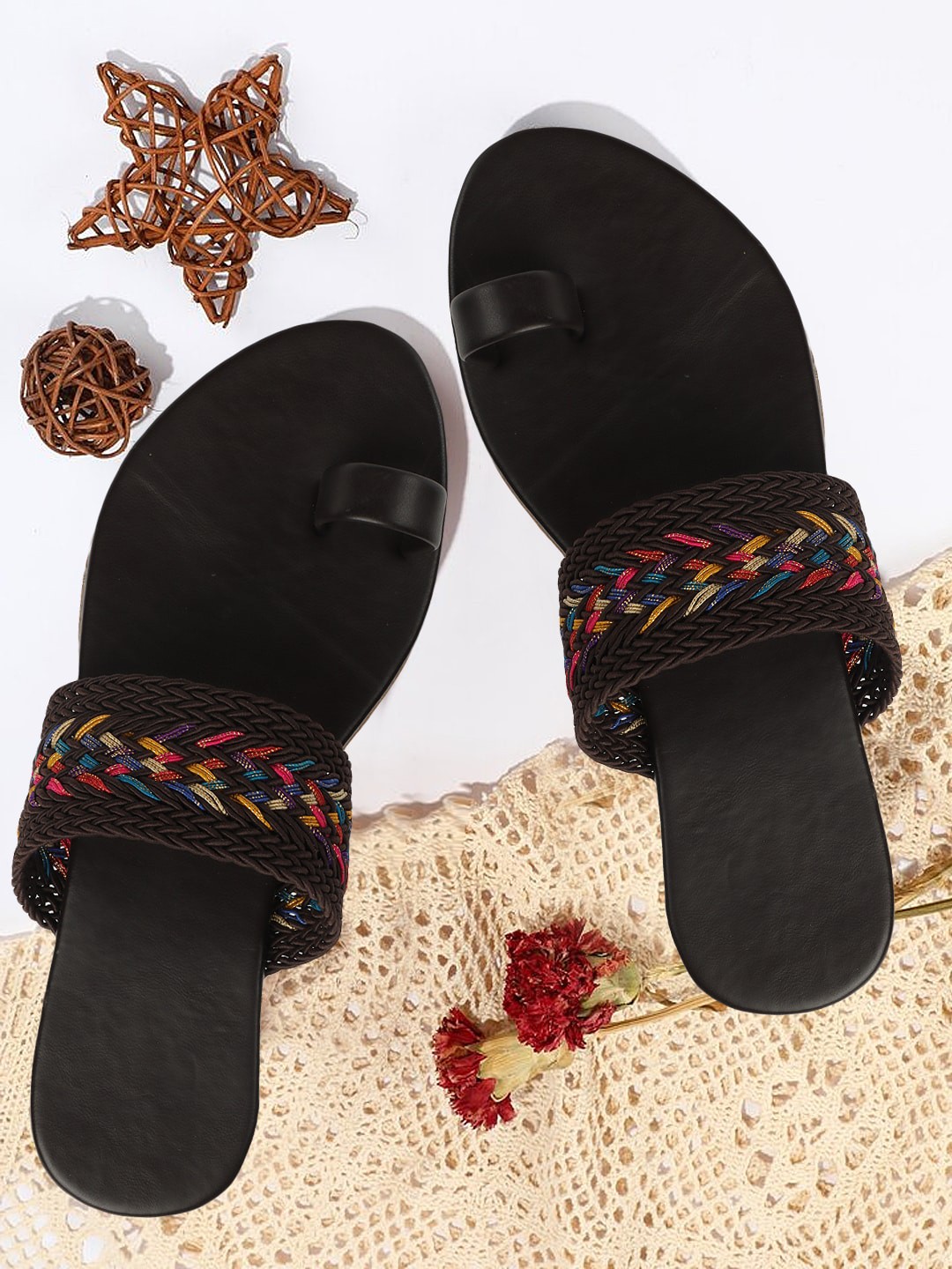 

PERY PAO Braided Fabric One Toe Flats, Coffee brown