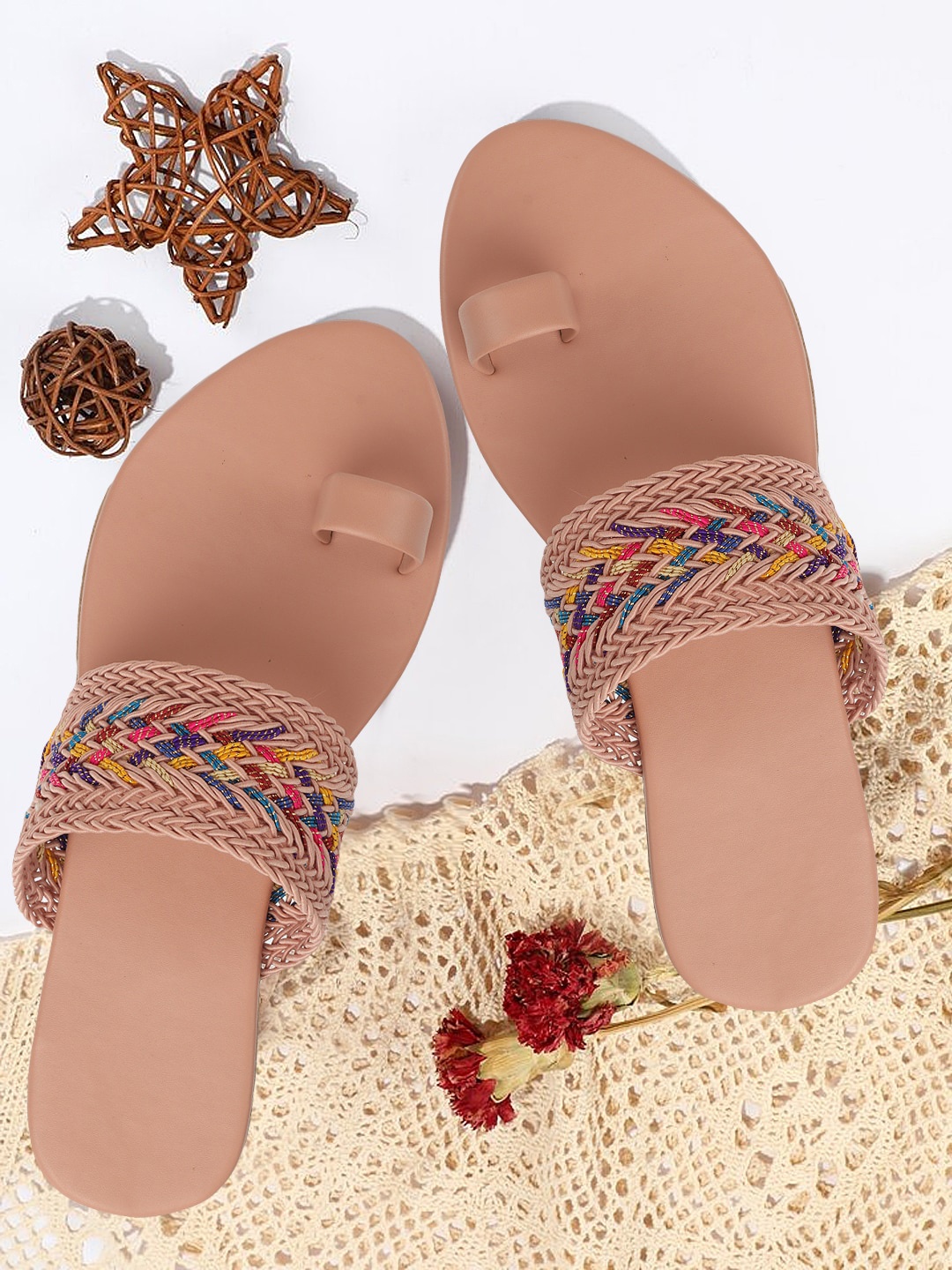 

PERY PAO Braided Fabric One Toe Flats, Peach