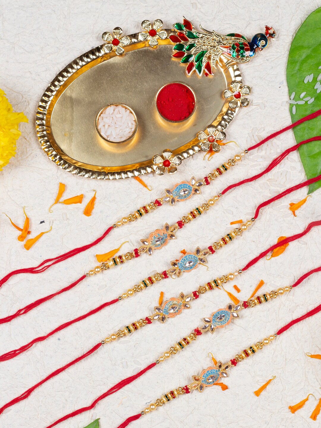 

AccessHer Set Of 6 Stone Studded & Beaded Thread Rakhis, Red